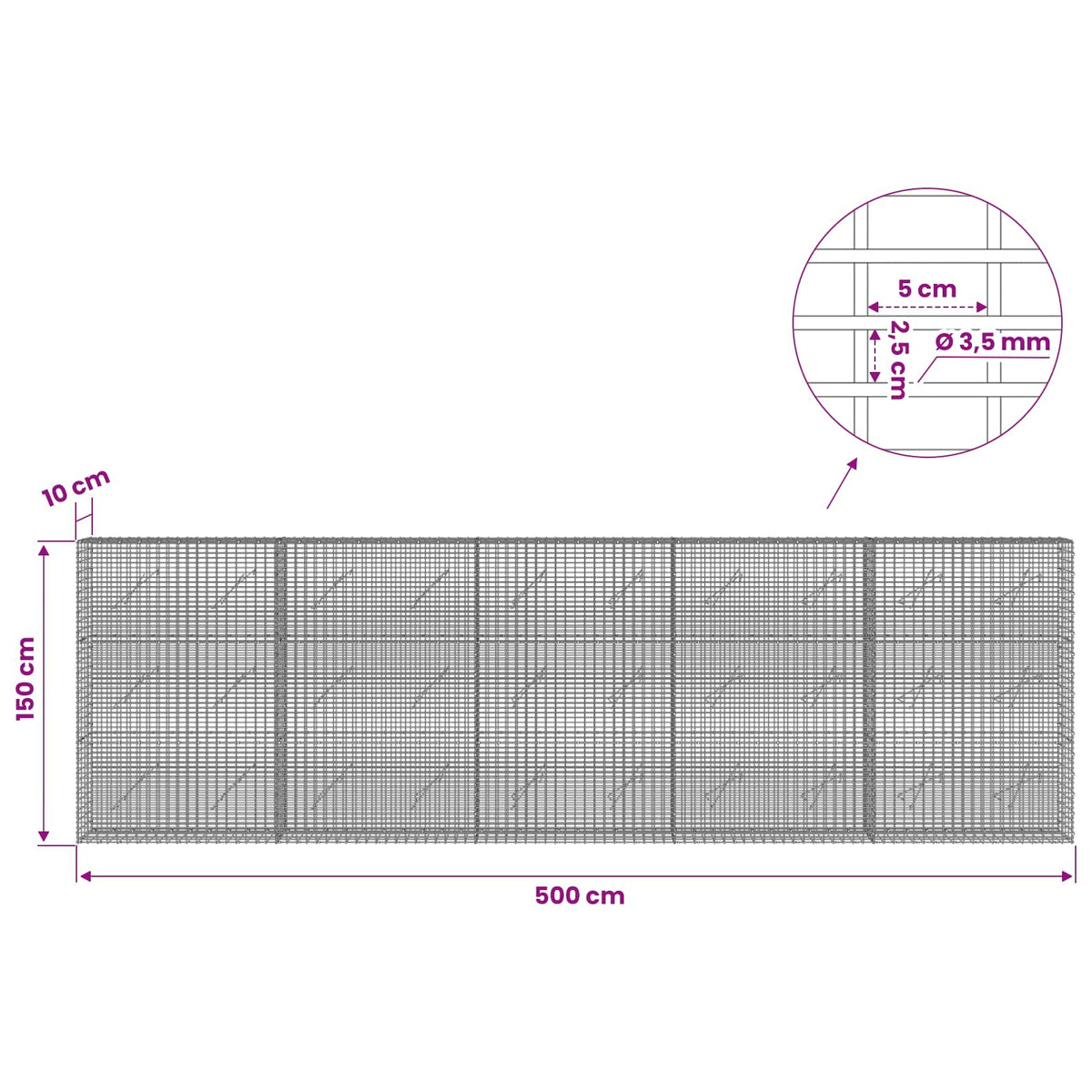 Gabionas su 3,5 mm viela ir 5x2,5 cm tinkleliu 500x10x150 cm