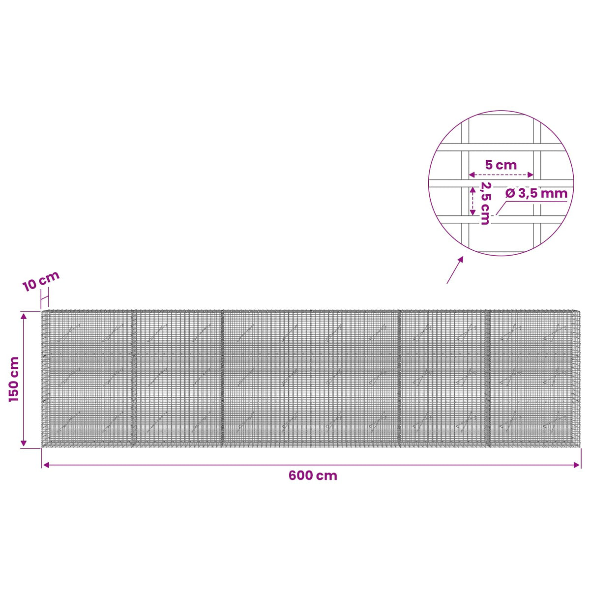 Gabionas su 3,5 mm viela ir 5x2,5 cm tinkleliu 600x10x150 cm