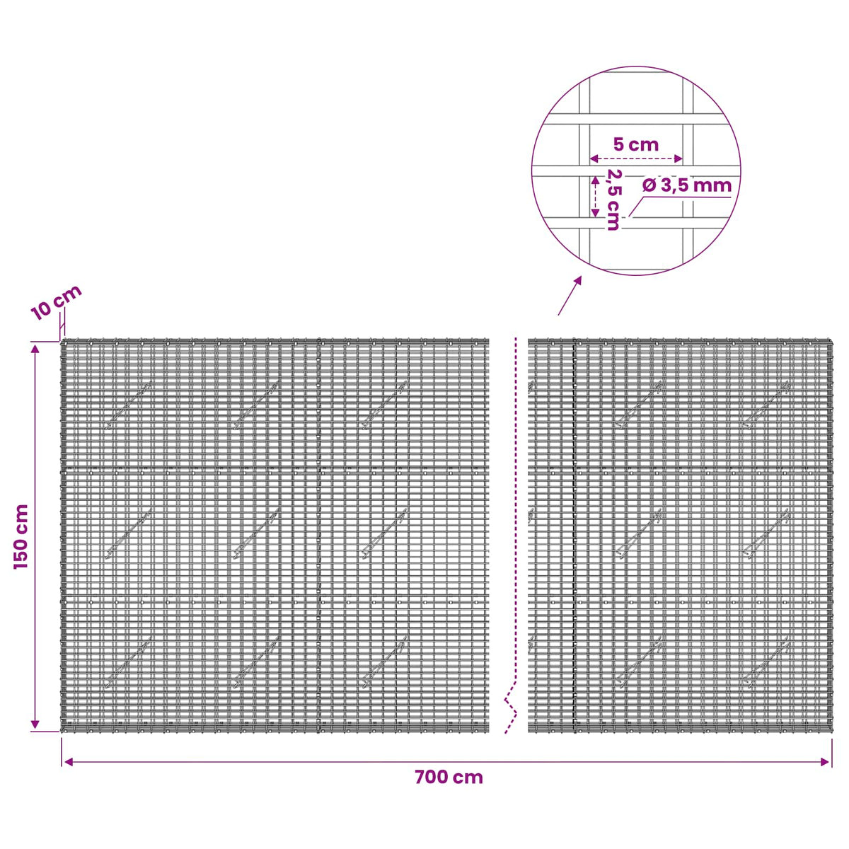 Gabionas su 3,5 mm viela ir 5x2,5 cm tinkleliu 700x10x150 cm