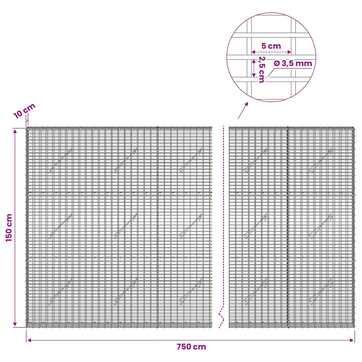 Gabionas su 3,5 mm viela ir 5x2,5 cm tinkleliu 750x10x150 cm