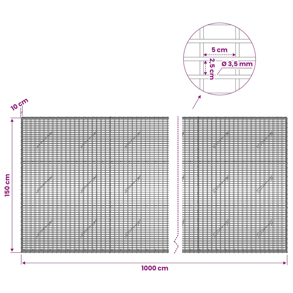Gabionas su 3,5 mm viela ir 5x2,5 cm tinkleliu 1000x10x150 cm