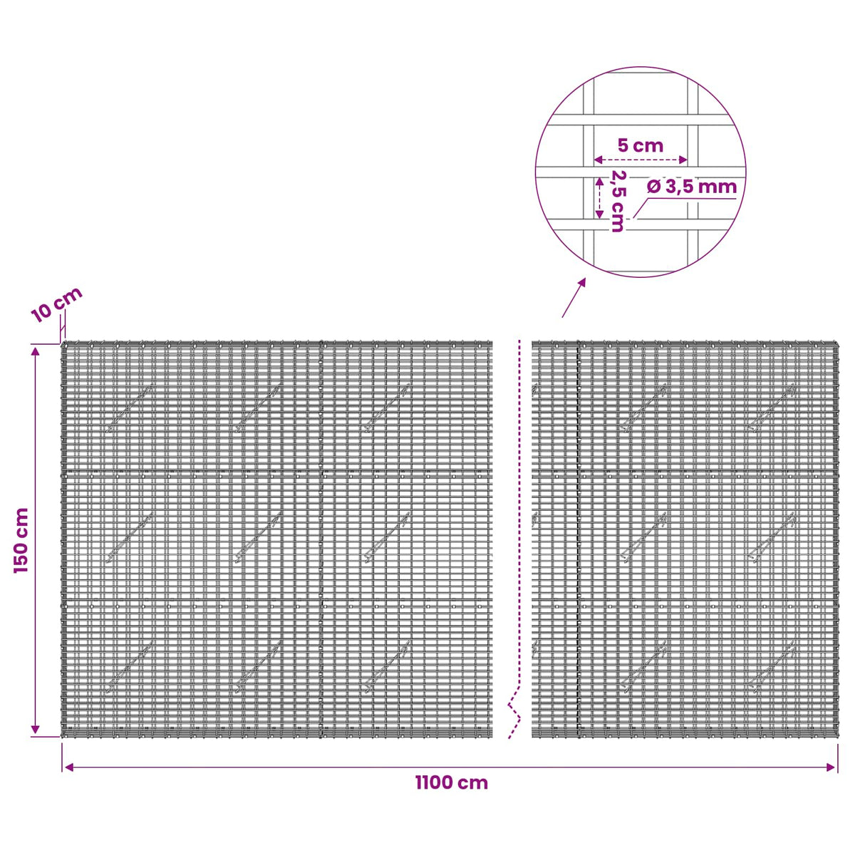 Gabionas su 3,5 mm viela ir 5x2,5 cm tinkleliu 1100x10x150 cm