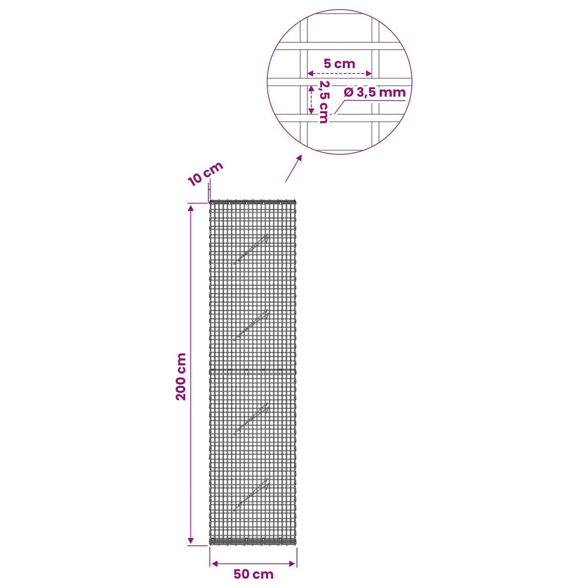 Gabionas su 3,5 mm viela ir 5x2,5 cm tinkleliu 50x10x200 cm
