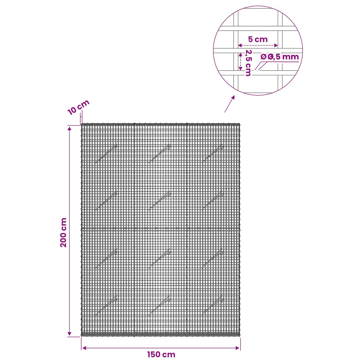 Gabionas su 3,5 mm viela ir 5x2,5 cm tinkleliu 150x10x200 cm