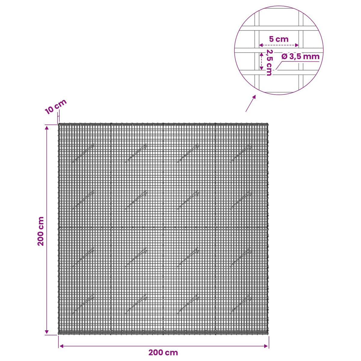 Gabionas su 3,5 mm viela ir 5x2,5 cm tinkleliu 200x10x200 cm