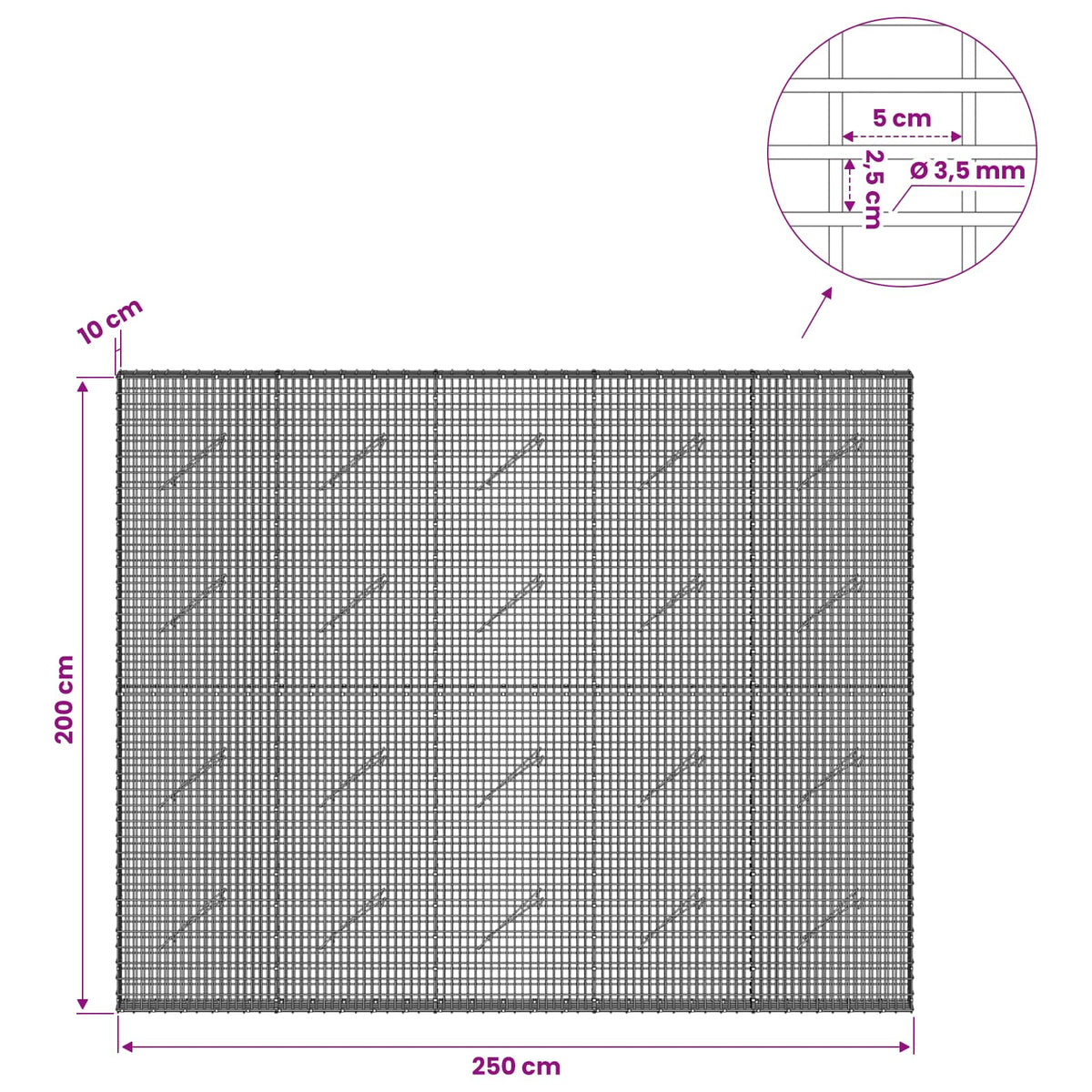 Gabionas su 3,5 mm viela ir 5x2,5 cm tinkleliu 250x10x200 cm