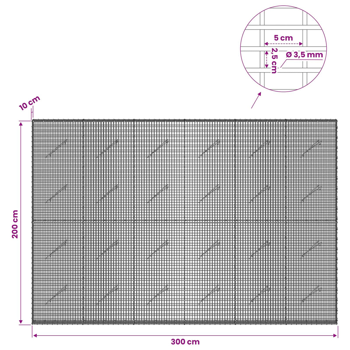 Gabionas su 3,5 mm viela ir 5x2,5 cm tinkleliu 300x10x200 cm