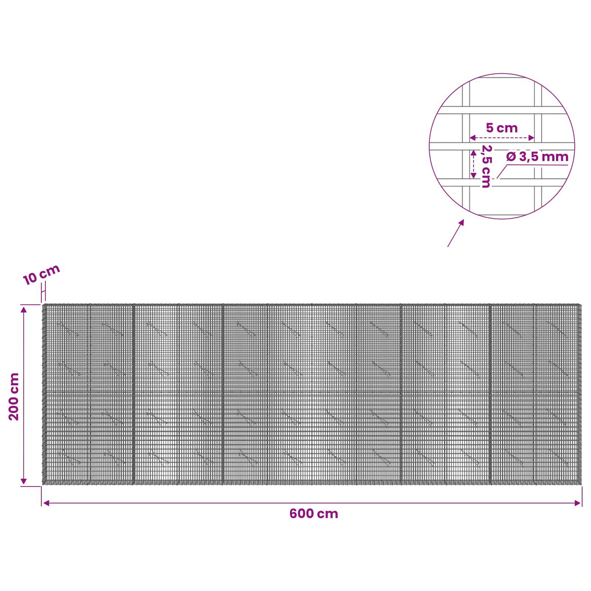 Gabionas su 3,5 mm viela ir 5x2,5 cm tinkleliu 600x10x200 cm