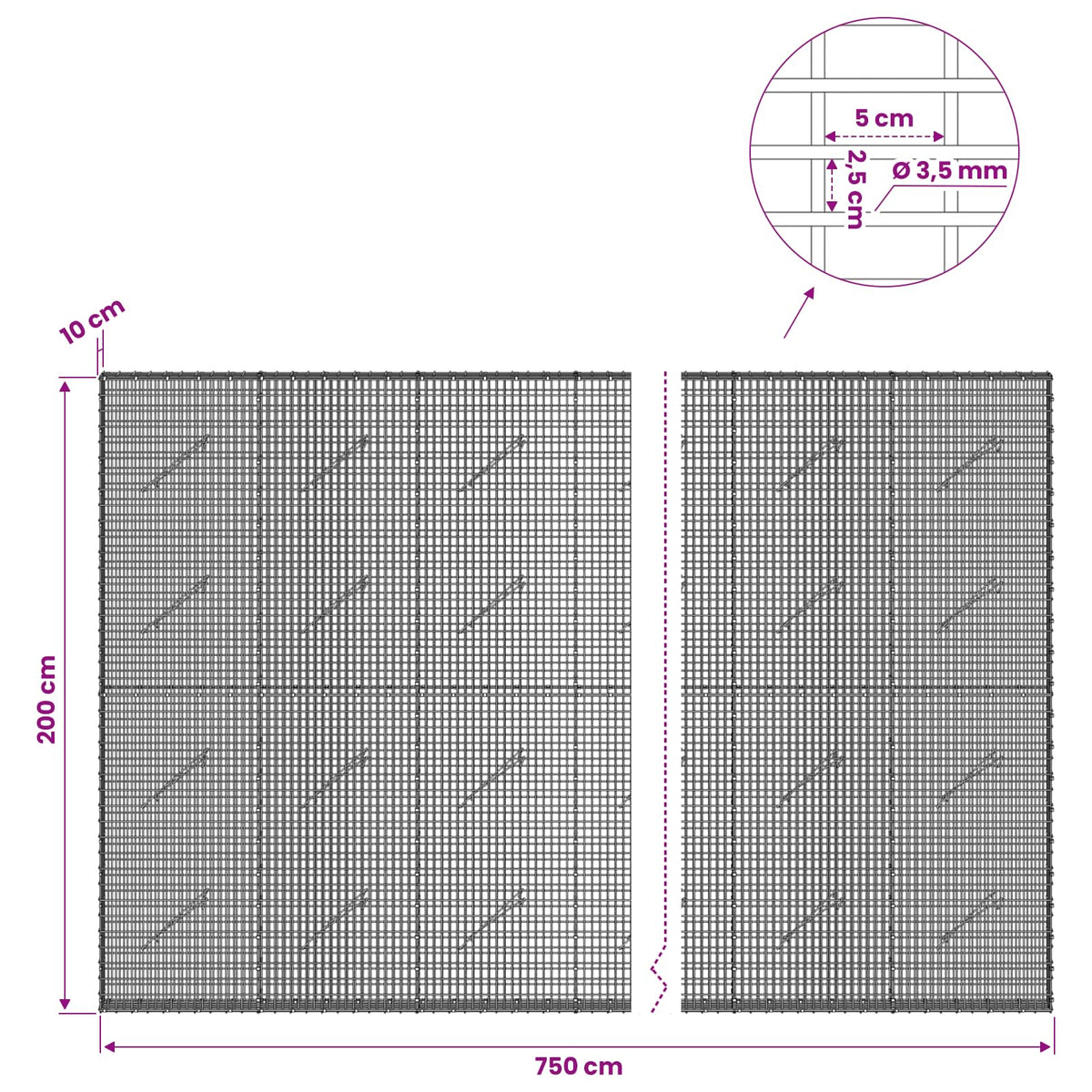 Gabionas su 3,5 mm viela ir 5x2,5 cm tinkleliu 750x10x200 cm