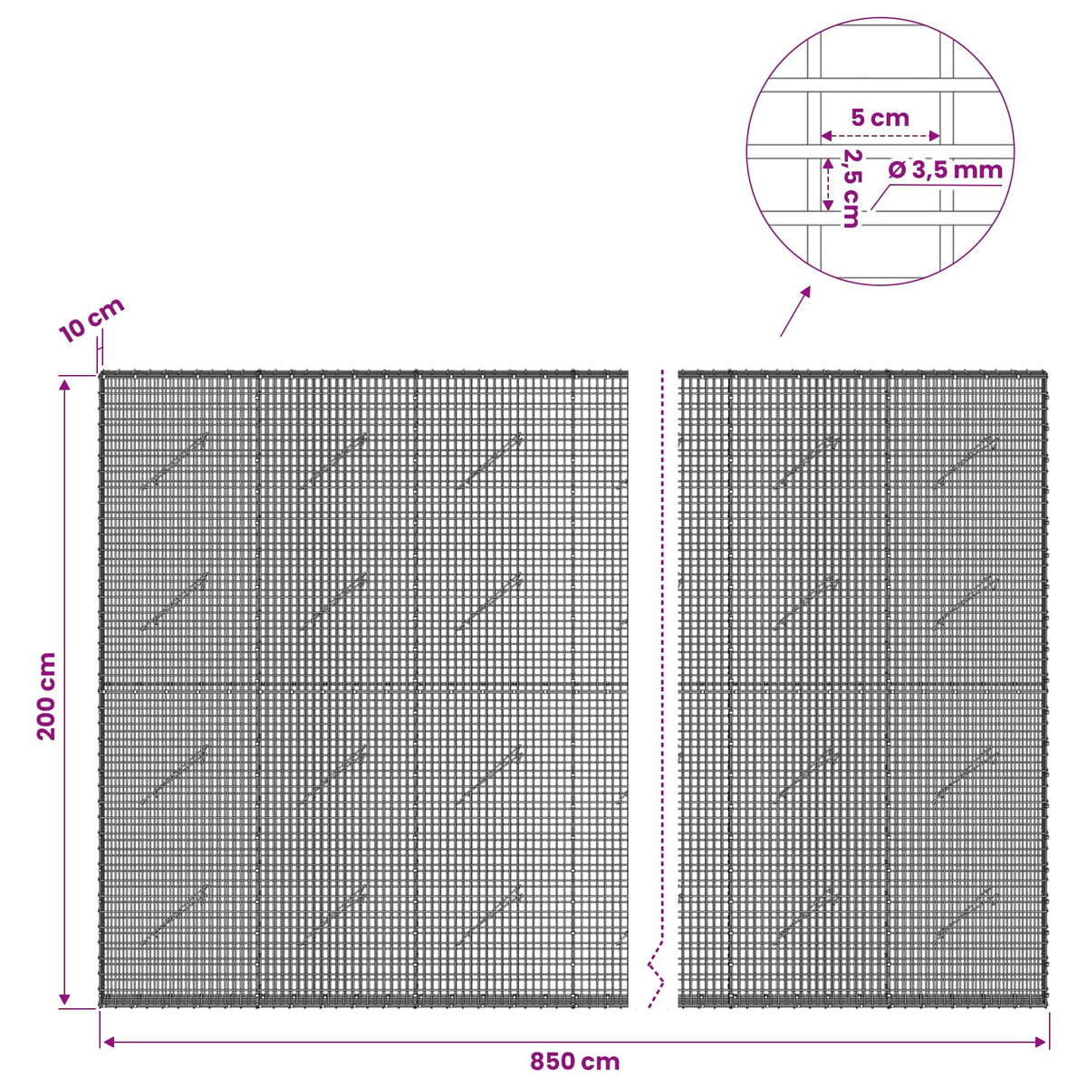 Gabionas su 3,5 mm viela ir 5x2,5 cm tinkleliu 850x10x200 cm