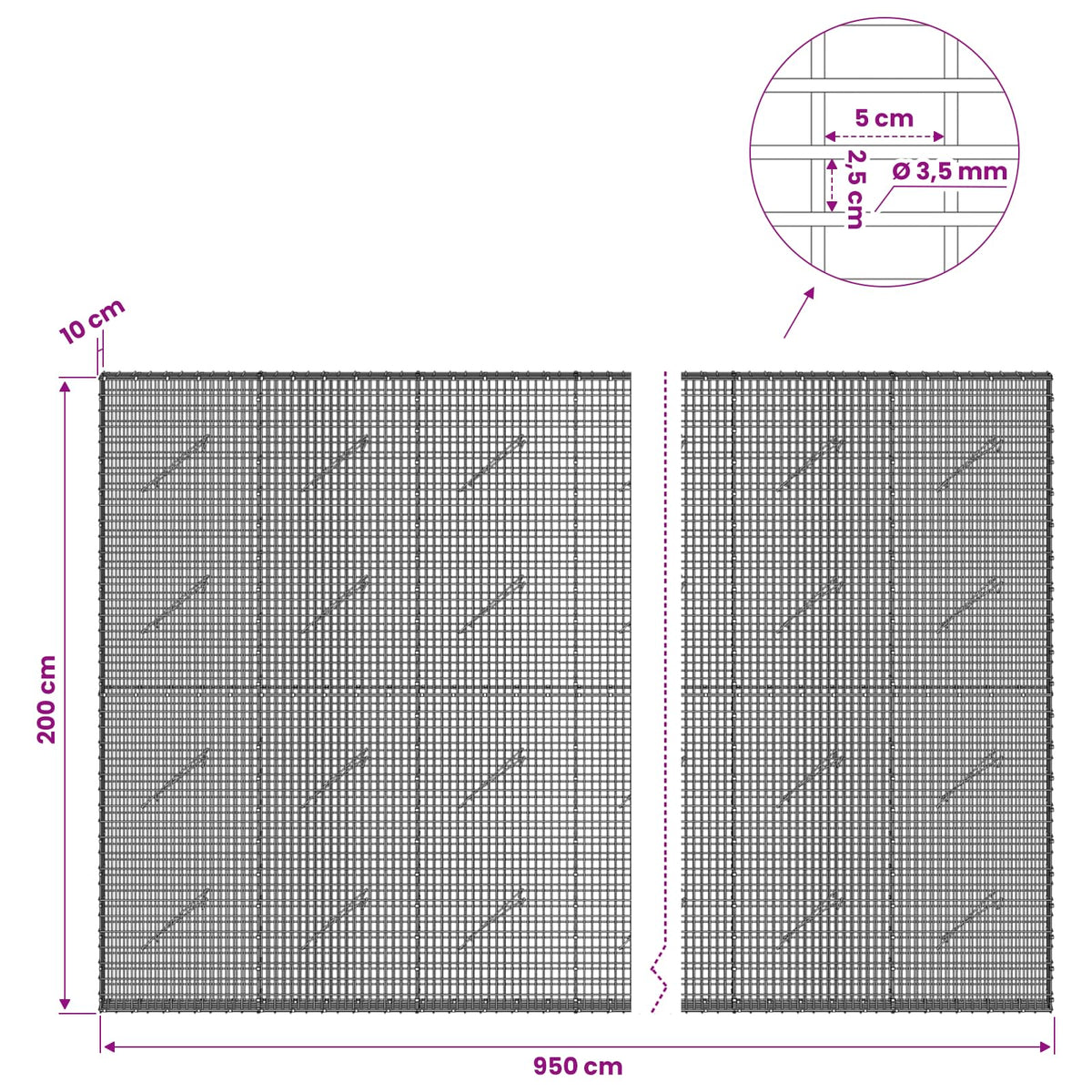 Gabionas su 3,5 mm viela ir 5x2,5 cm tinkleliu 950x10x200 cm