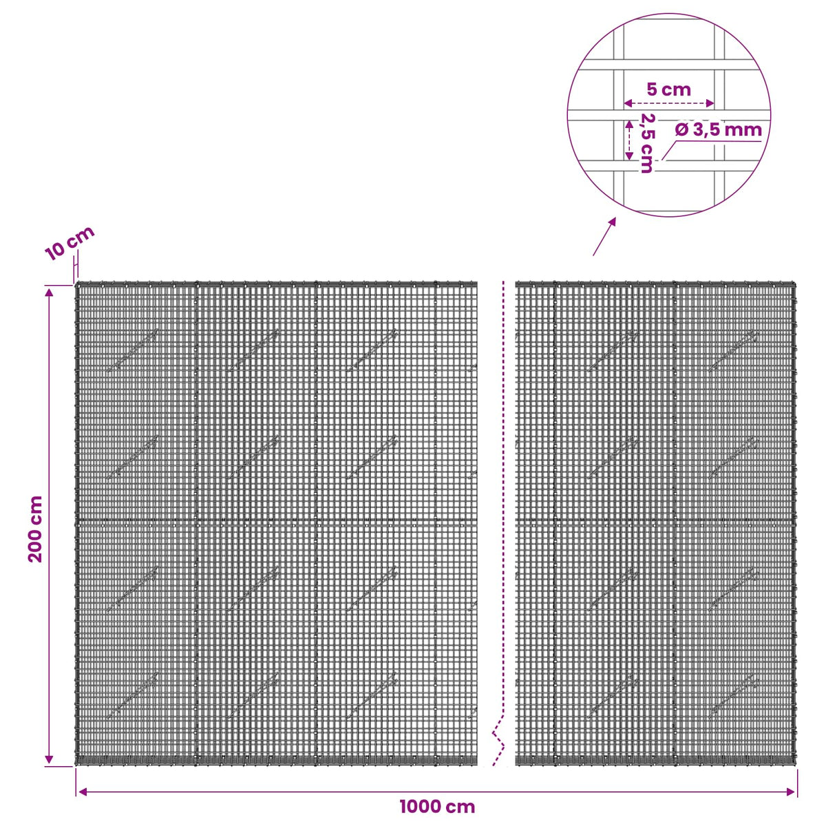 Gabionas su 3,5 mm viela ir 5x2,5 cm tinkleliu 1000x10x200 cm