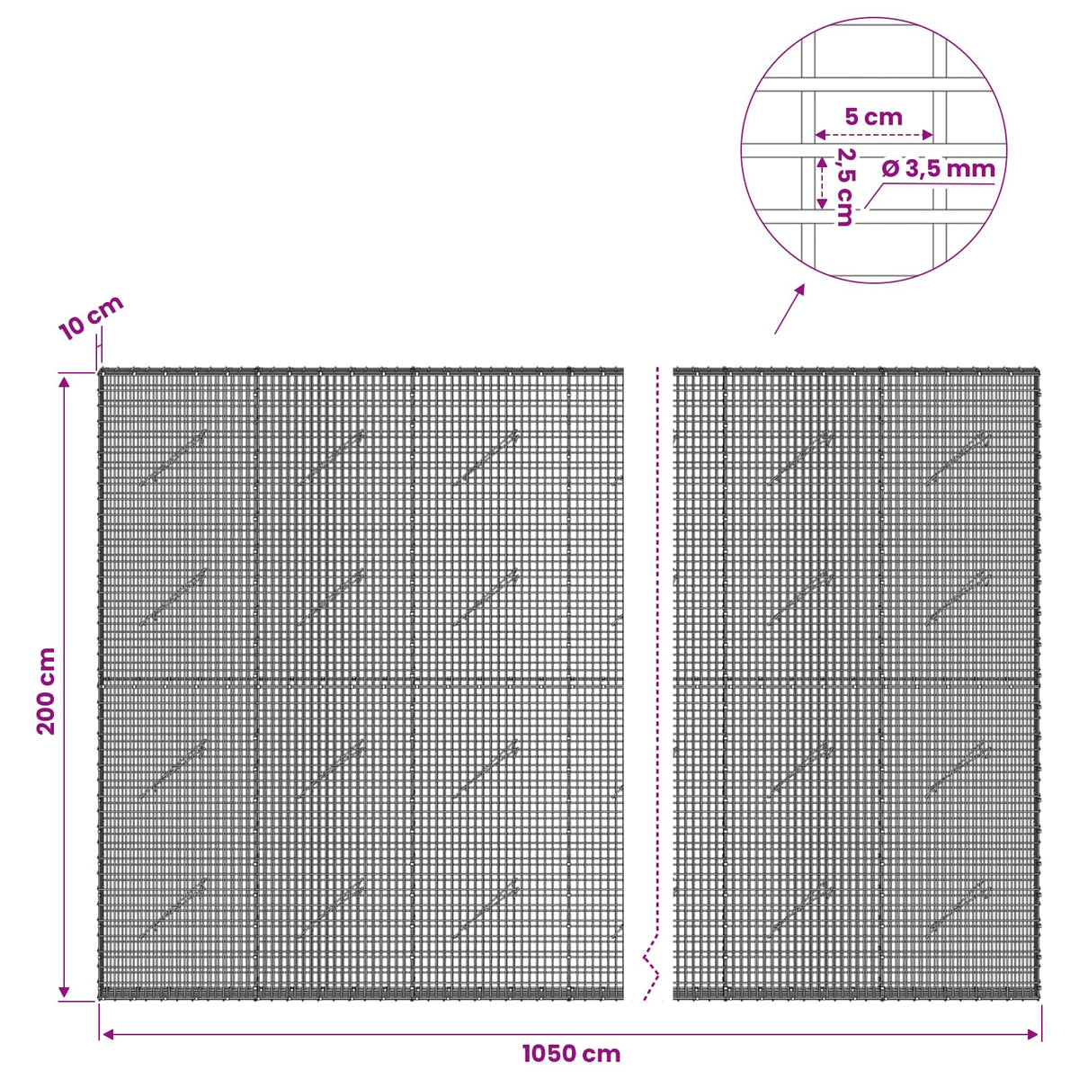 Gabionas su 3,5 mm viela ir 5x2,5 cm tinkleliu 1050x10x200 cm