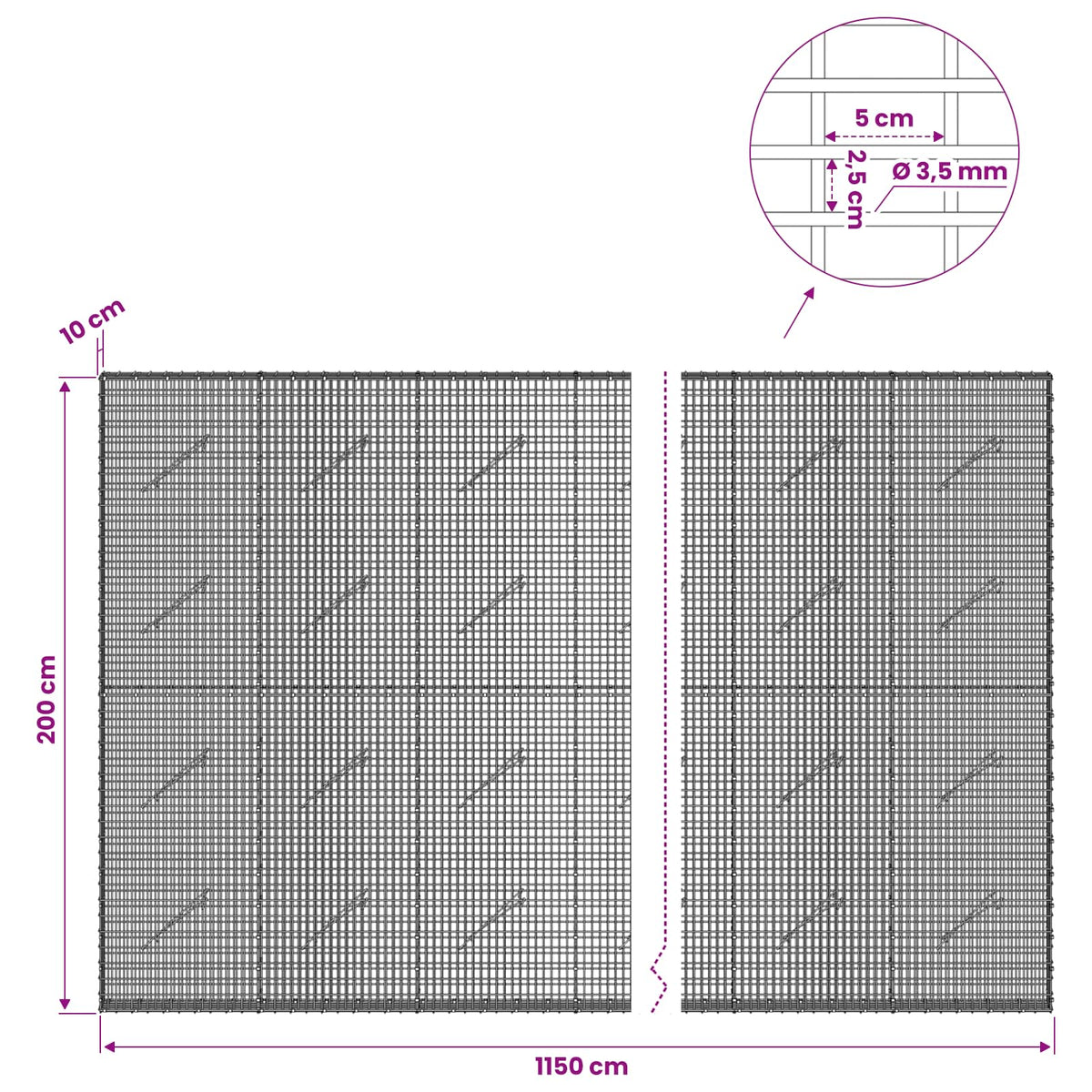 Gabionas su 3,5 mm viela ir 5x2,5 cm tinkleliu 1150x10x200 cm
