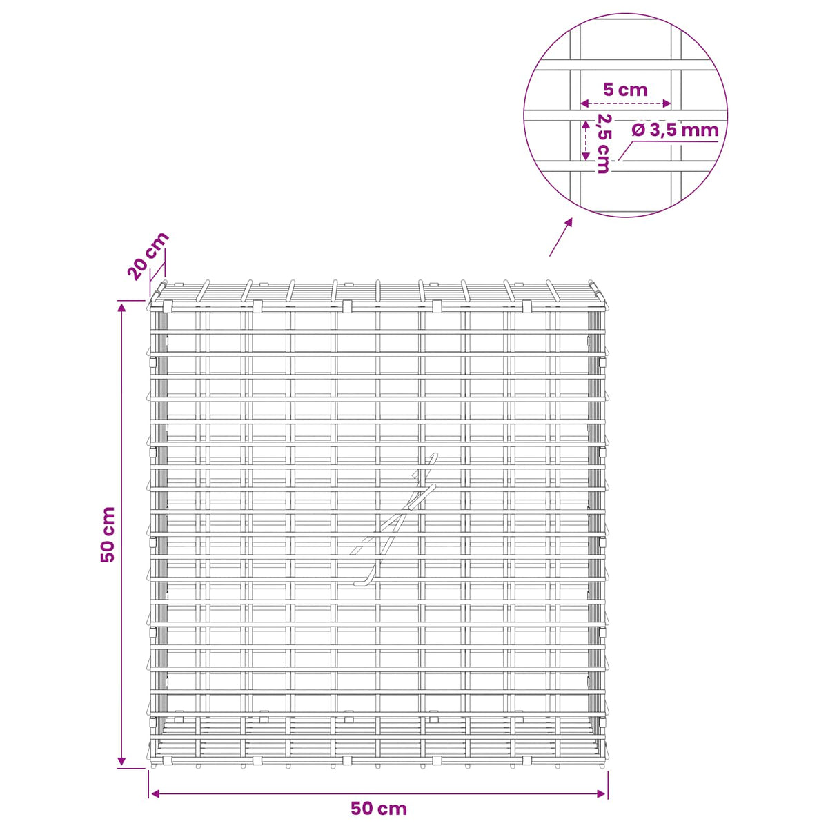 Gabionas su 3,5 mm viela ir 5x2,5 cm tinkleliu 50x20x50 cm