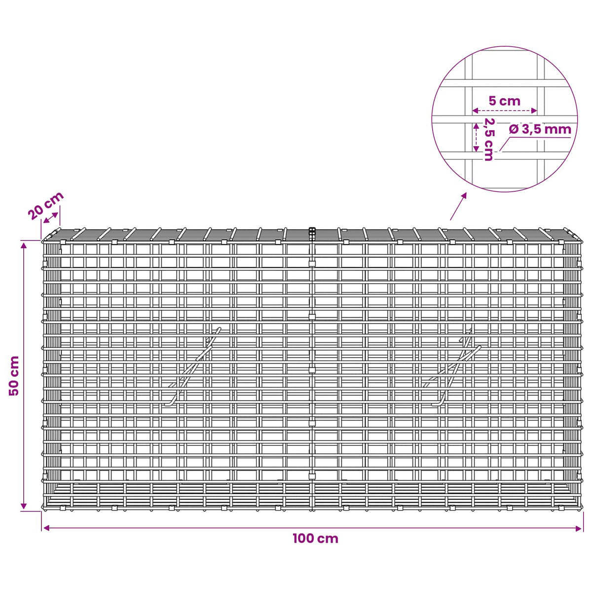 Gabionas su 3,5 mm viela ir 5x2,5 cm tinkleliu 100x20x50 cm