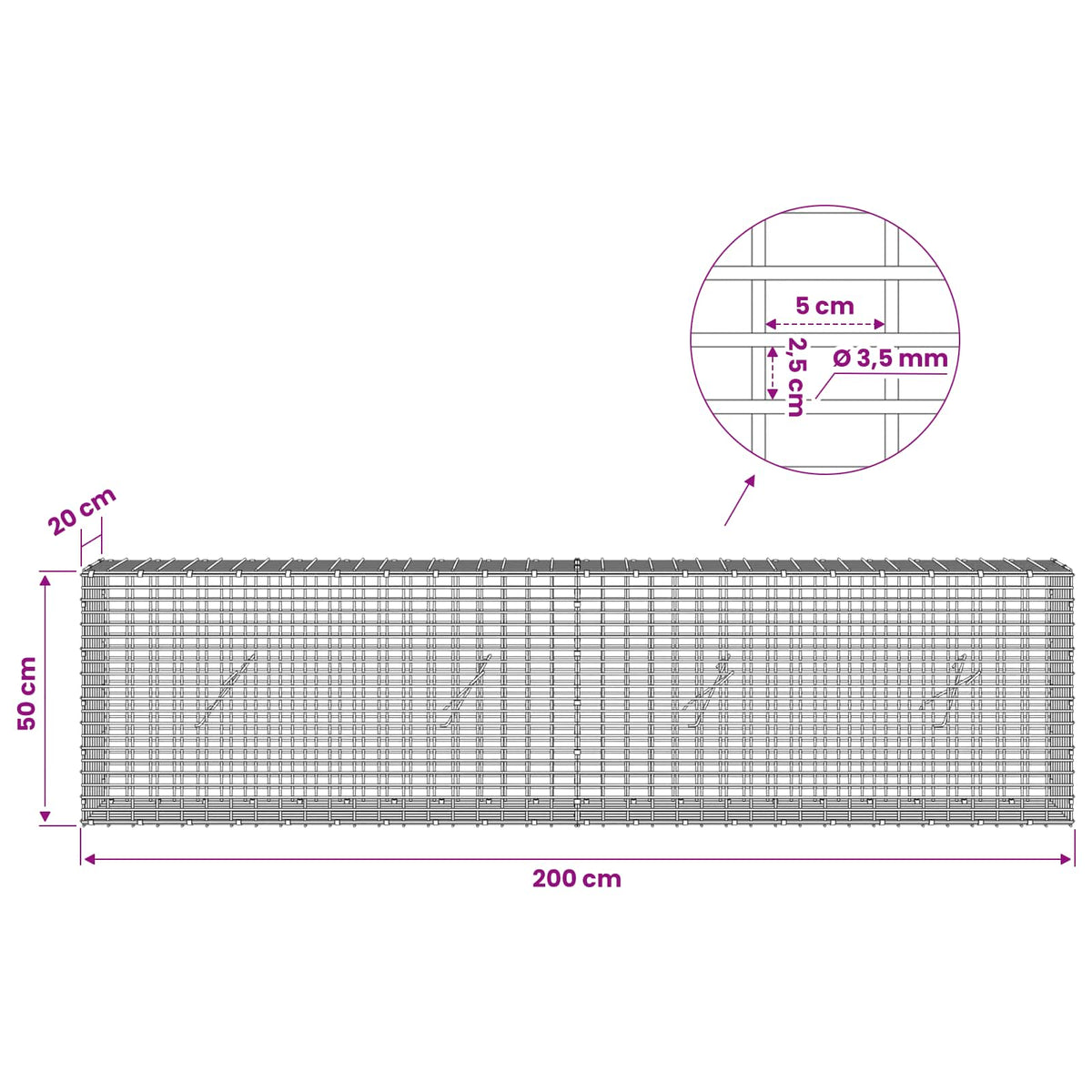 Gabionas su 3,5 mm viela ir 5x2,5 cm tinkleliu 200x20x50 cm