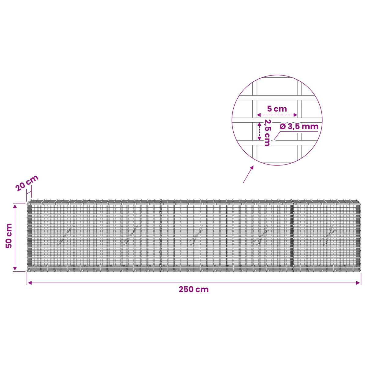 Gabionas su 3,5 mm viela ir 5x2,5 cm tinkleliu 250x20x50 cm