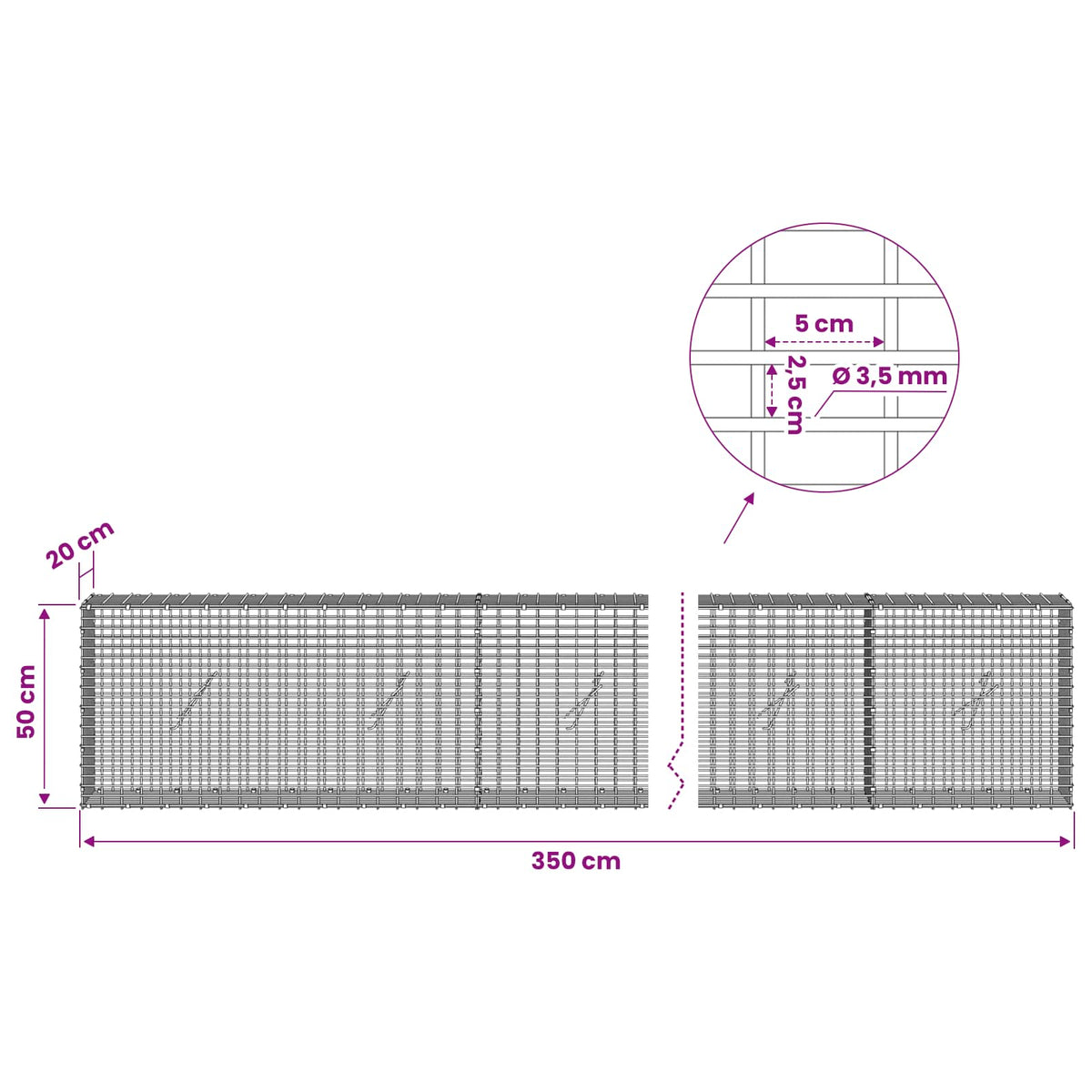 Gabionas su 3,5 mm viela ir 5x2,5 cm tinkleliu 350x20x50 cm
