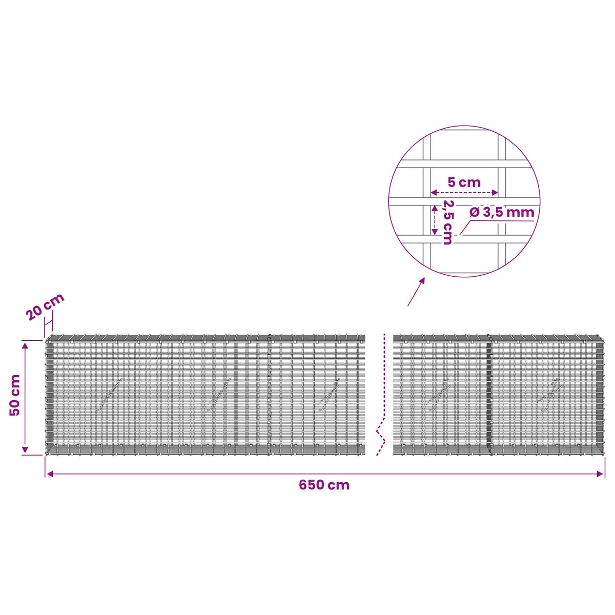 Gabionas su 3,5 mm viela ir 5x2,5 cm tinkleliu 650x20x50 cm