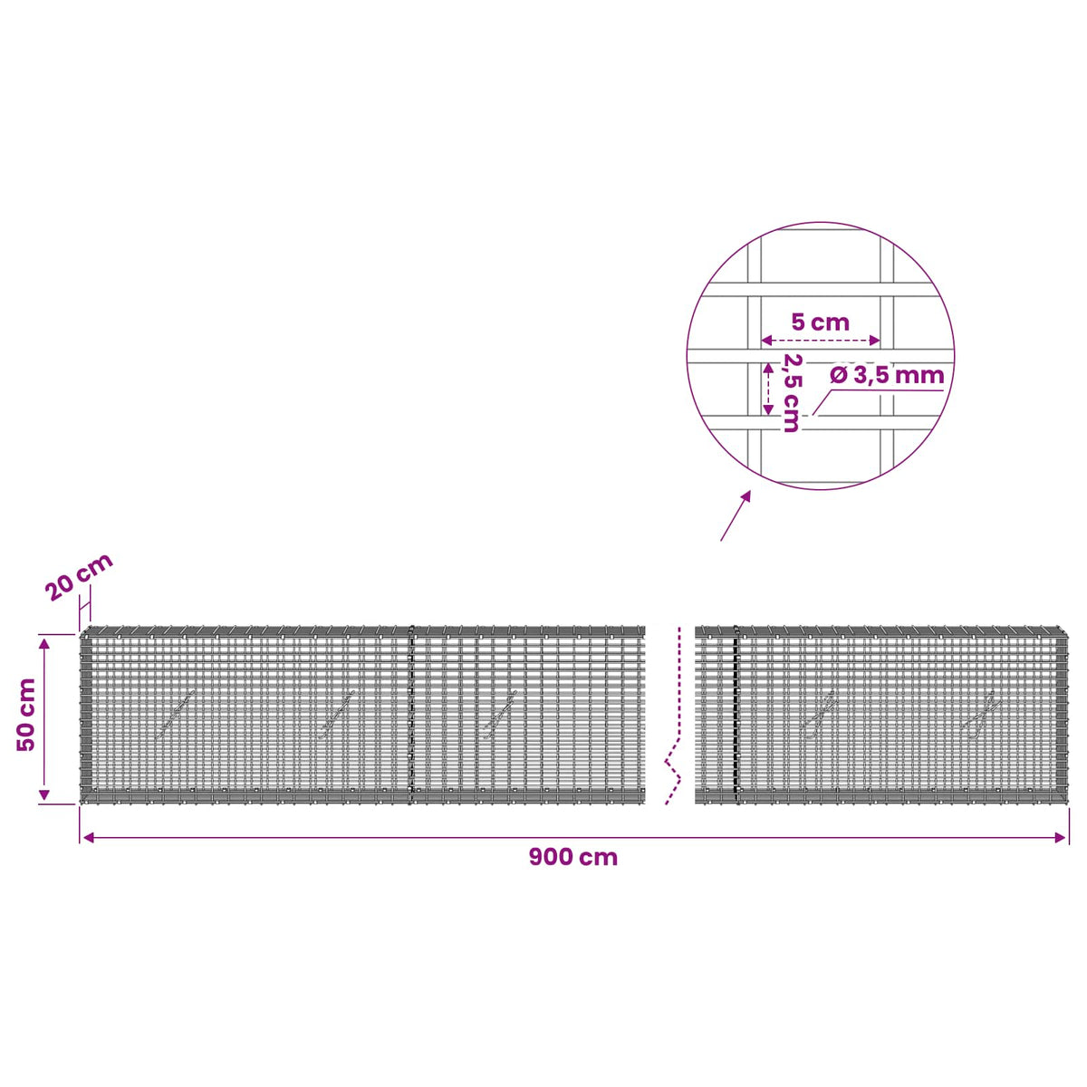 Gabionas su 3,5 mm viela ir 5x2,5 cm tinkleliu 900x20x50 cm