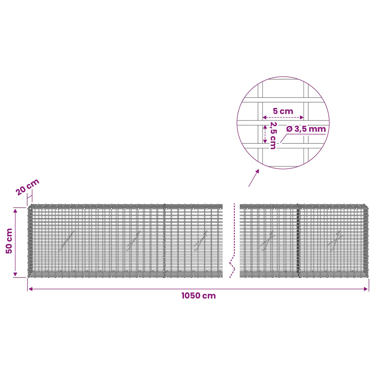 Gabionas su 3,5 mm viela ir 5x2,5 cm tinkleliu 1050x20x50 cm