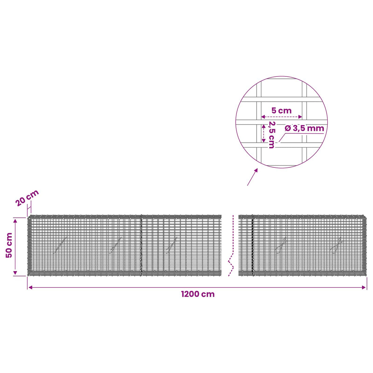 Gabionas su 3,5 mm viela ir 5x2,5 cm tinkleliu 1200x20x50 cm
