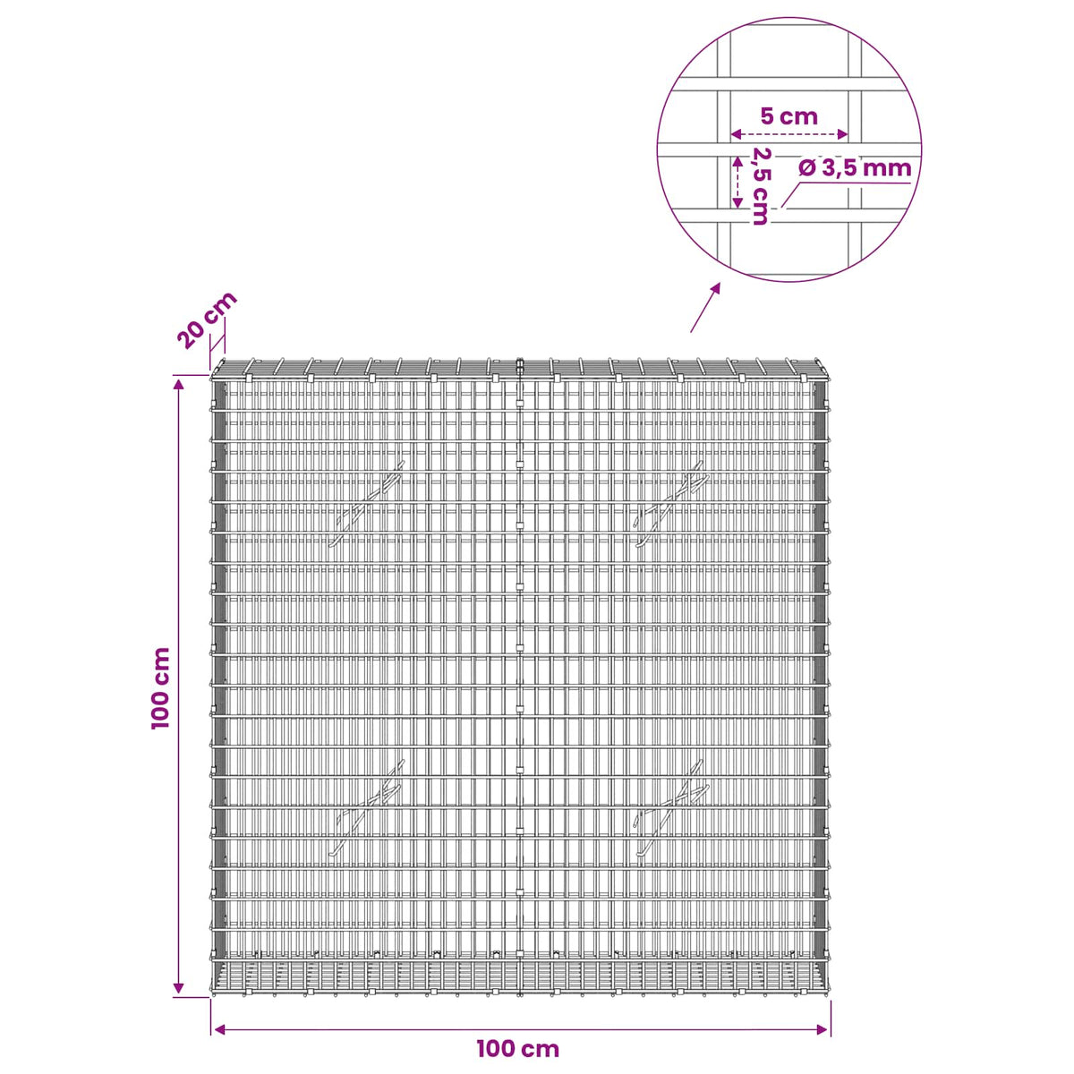 Gabionas su 3,5 mm viela ir 5x2,5 cm tinkleliu 100x20x100 cm