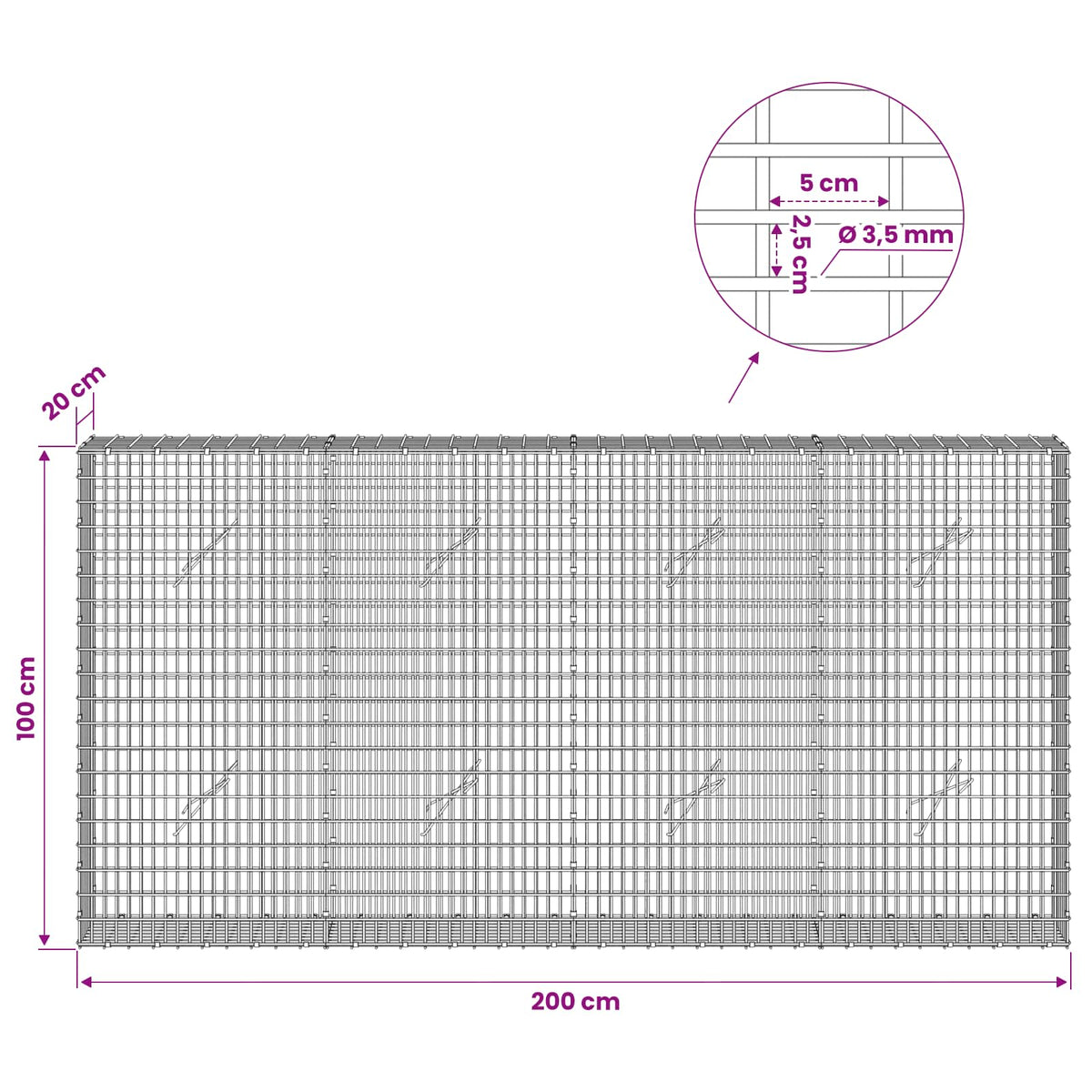 Gabionas su 3,5 mm viela ir 5x2,5 cm tinkleliu 200x20x100 cm