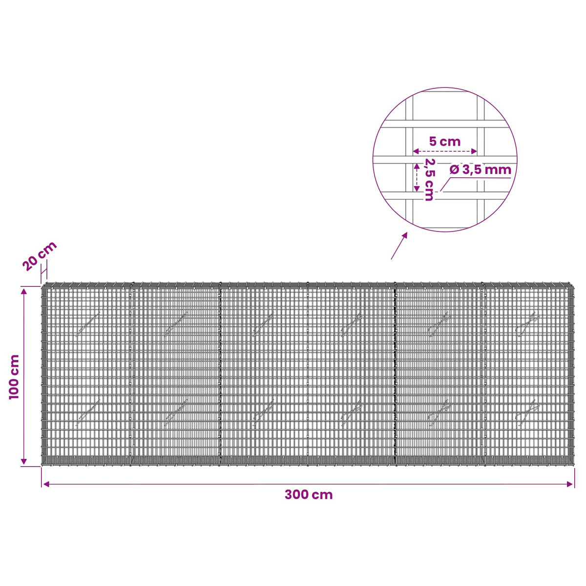 Gabionas su 3,5 mm viela ir 5x2,5 cm tinkleliu 300x20x100 cm