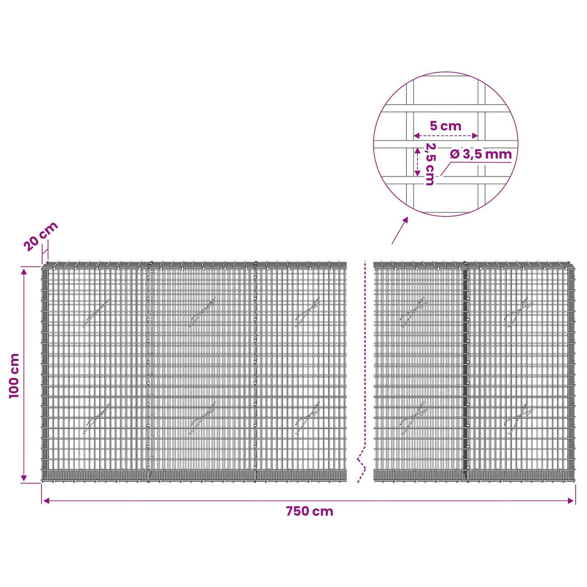 Gabionas su 3,5 mm viela ir 5x2,5 cm tinkleliu 750x20x100 cm