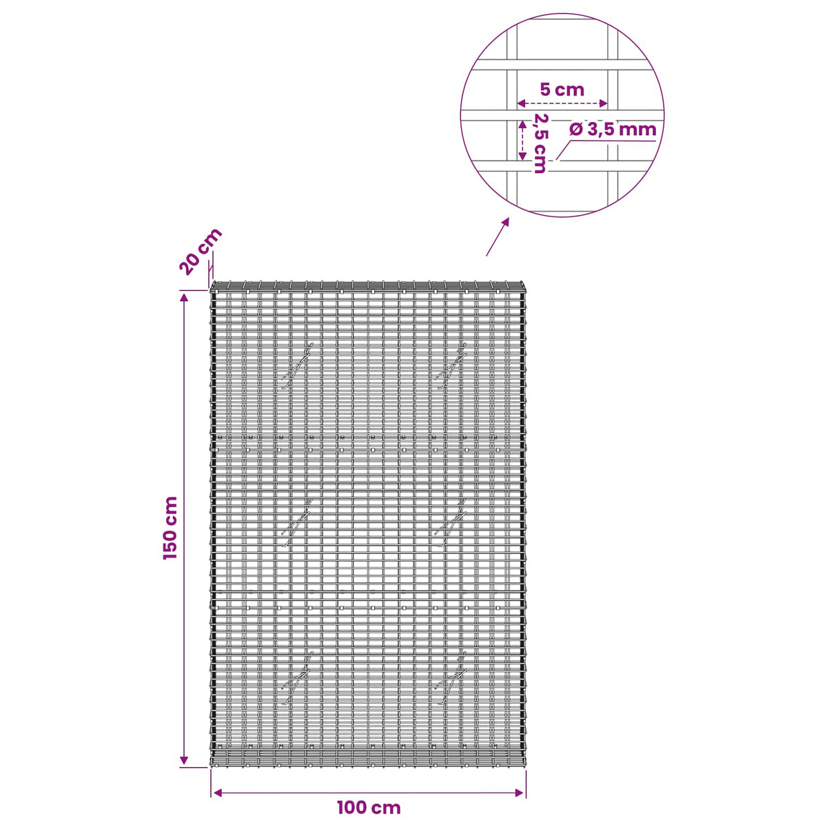 Gabionas su 3,5 mm viela ir 5x2,5 cm tinkleliu 100x20x150 cm