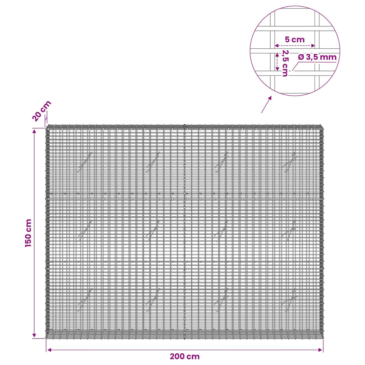 Gabionas su 3,5 mm viela ir 5x2,5 cm tinkleliu 200x20x150 cm
