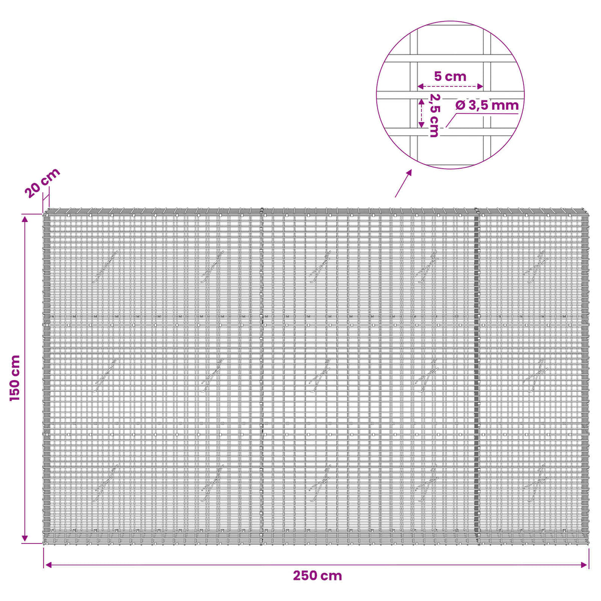 Gabionas su 3,5 mm viela ir 5x2,5 cm tinkleliu 250x20x150 cm