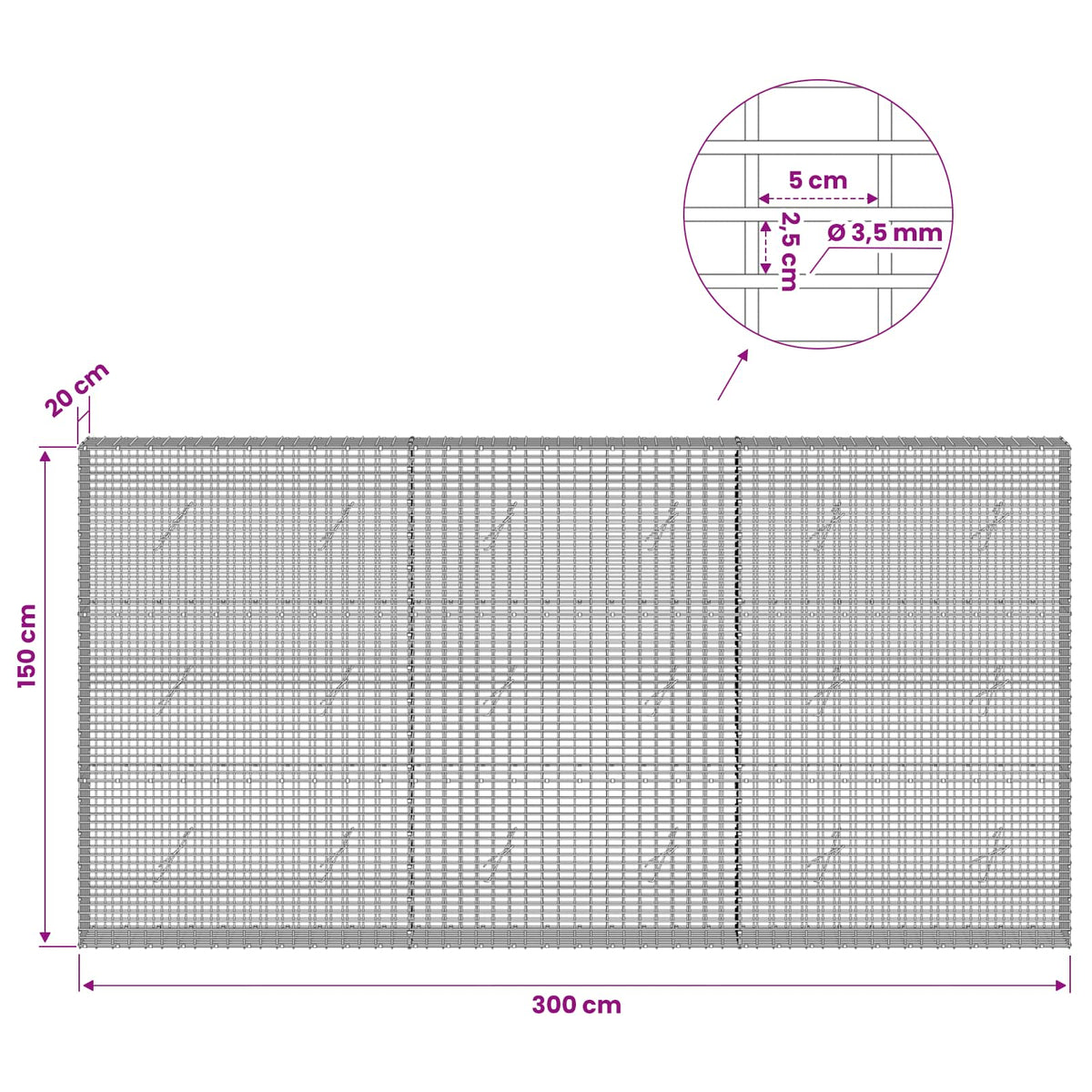 Gabionas su 3,5 mm viela ir 5x2,5 cm tinkleliu 300x20x150 cm