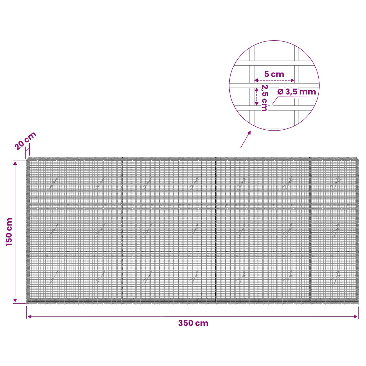 Gabionas su 3,5 mm viela ir 5x2,5 cm tinkleliu 350x20x150 cm