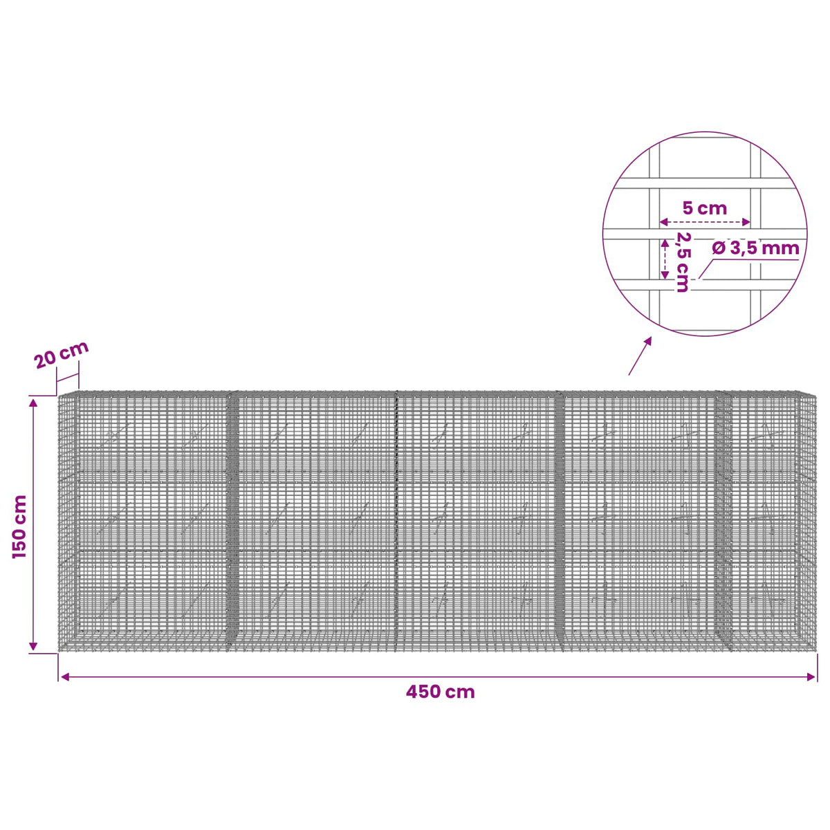 Gabionas su 3,5 mm viela ir 5x2,5 cm tinkleliu 450x20x150 cm