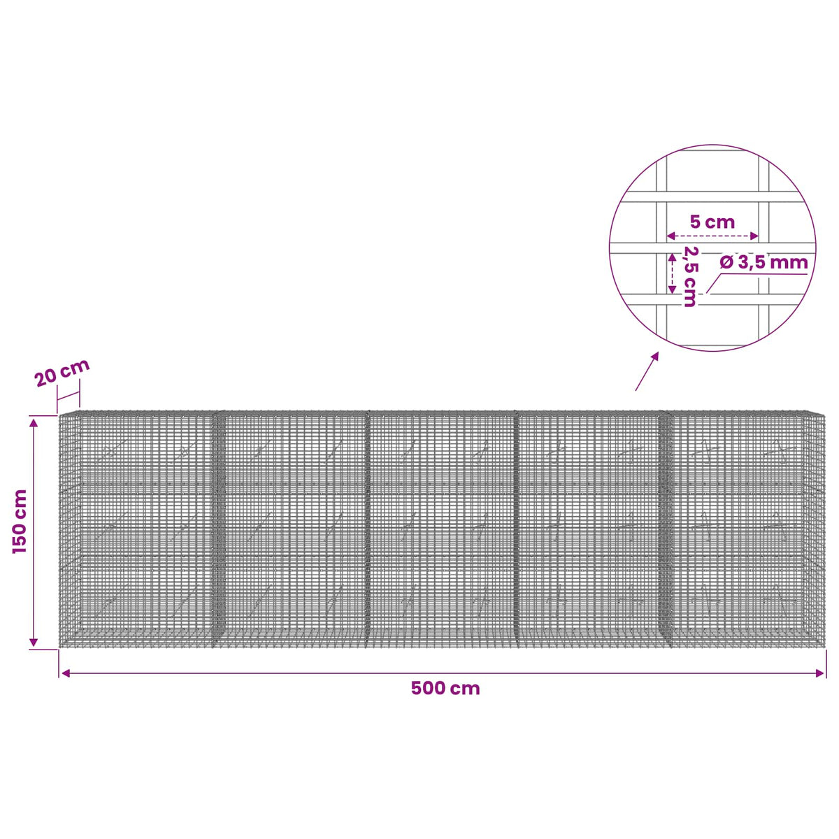 Gabionas su 3,5 mm viela ir 5x2,5 cm tinkleliu 500x20x150 cm