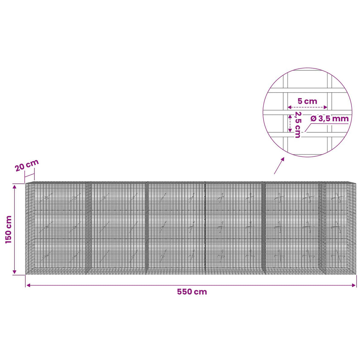 Gabionas su 3,5 mm viela ir 5x2,5 cm tinkleliu 550x20x150 cm