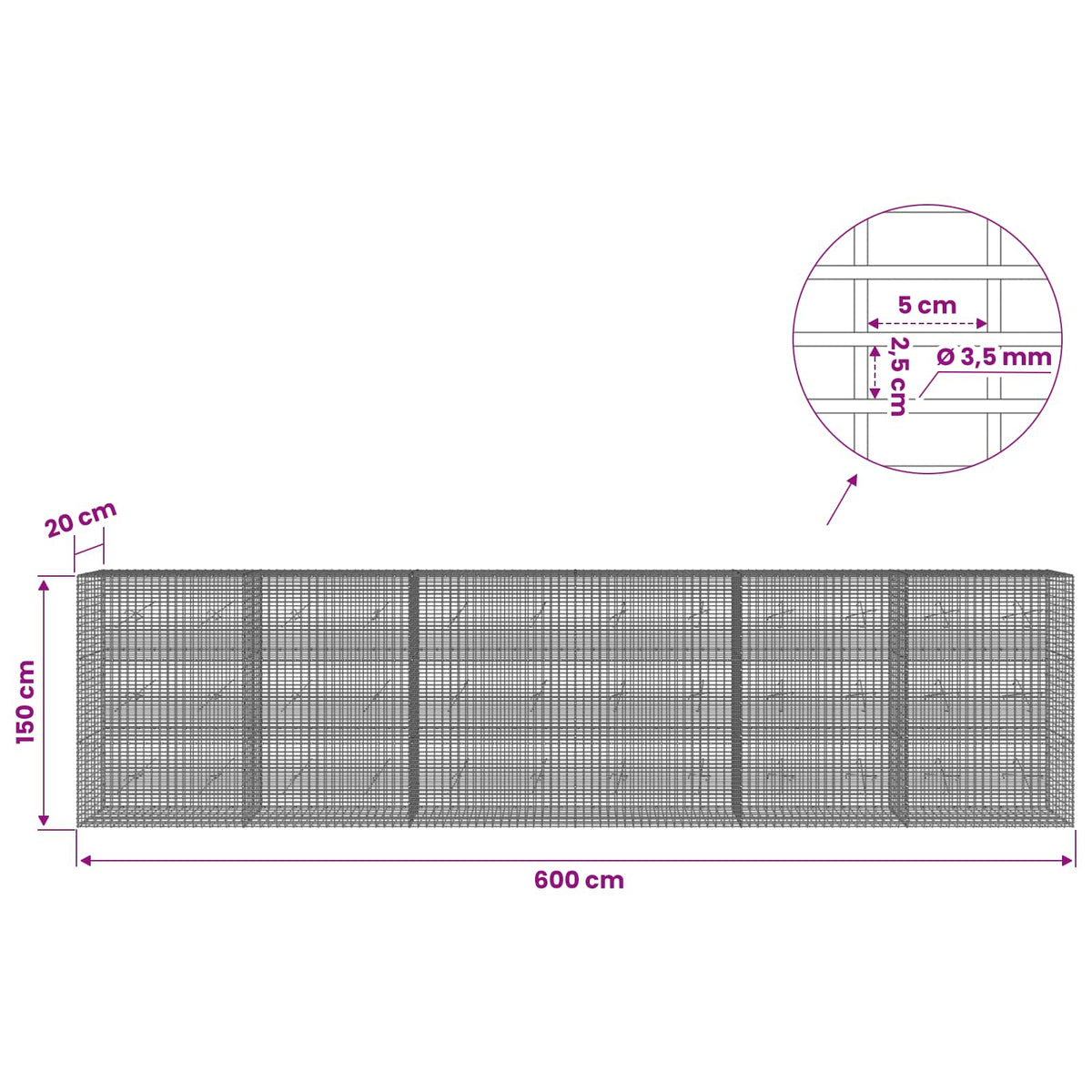 Gabionas su 3,5 mm viela ir 5x2,5 cm tinkleliu 600x20x150 cm
