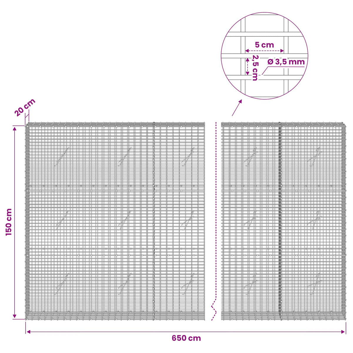 Gabionas su 3,5 mm viela ir 5x2,5 cm tinkleliu 650x20x150 cm