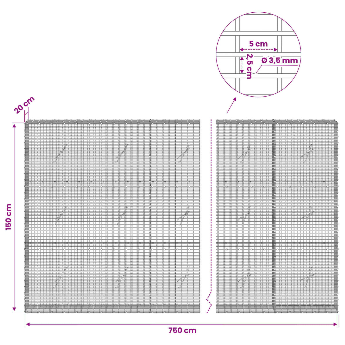 Gabionas su 3,5 mm viela ir 5x2,5 cm tinkleliu 750x20x150 cm