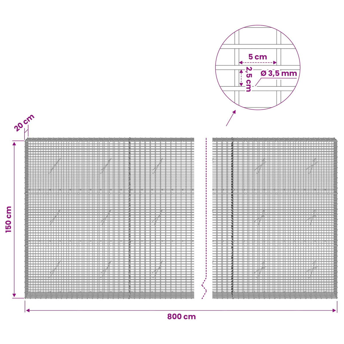 Gabionas su 3,5 mm viela ir 5x2,5 cm tinkleliu 800x20x150 cm