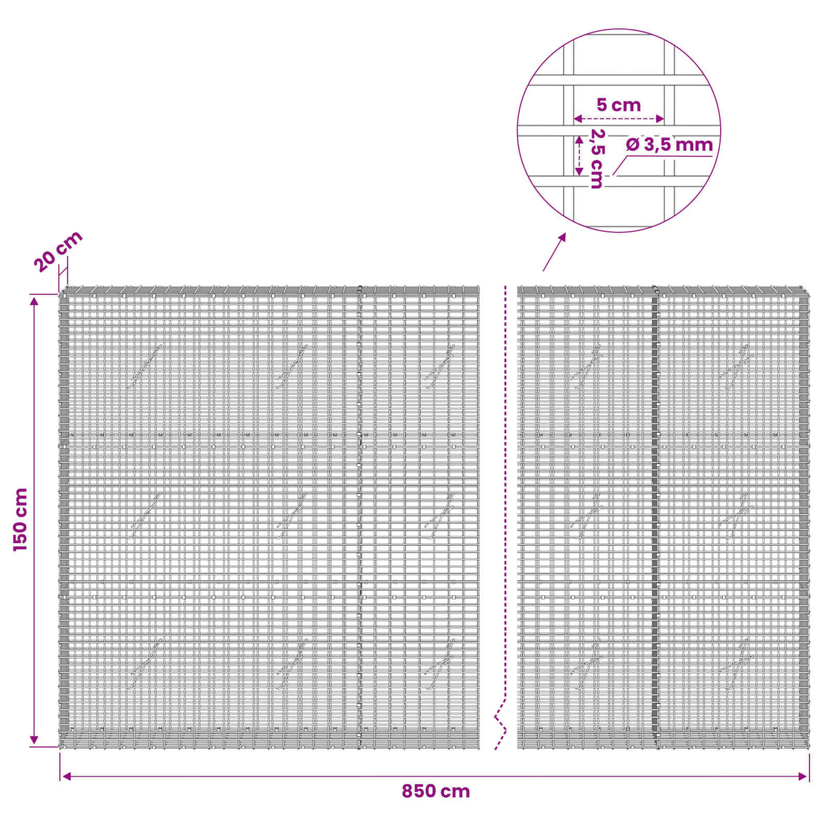 Gabionas su 3,5 mm viela ir 5x2,5 cm tinkleliu 850x20x150 cm