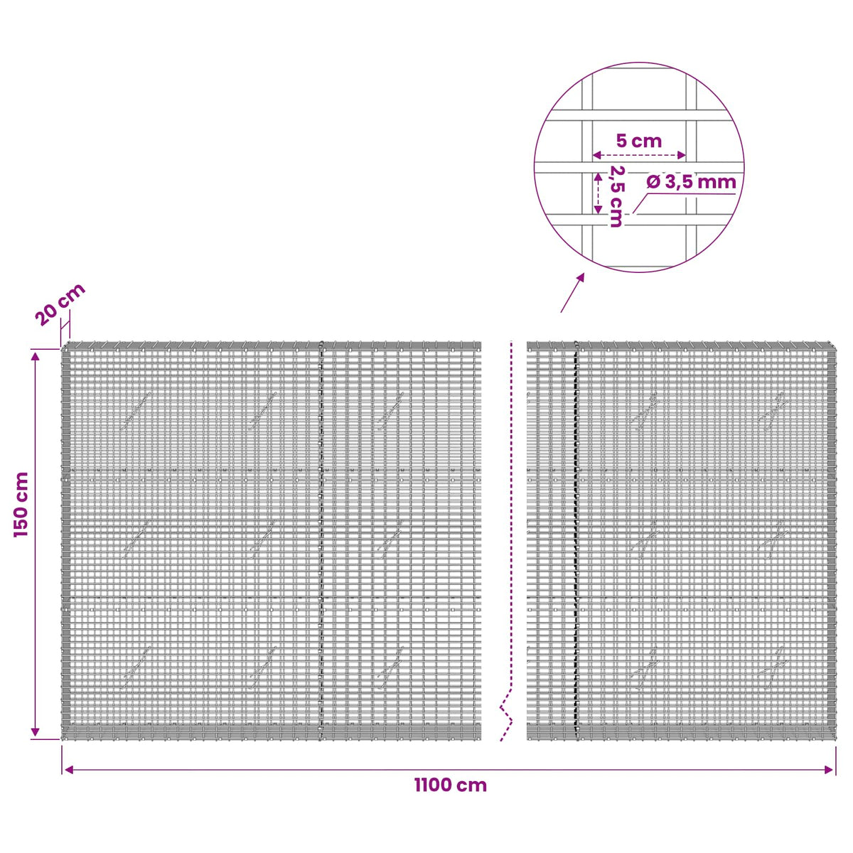 Gabionas su 3,5 mm viela ir 5x2,5 cm tinkleliu 1100x20x150 cm