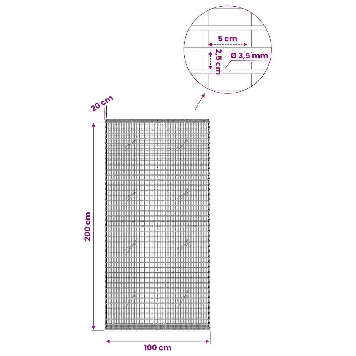 Gabionas su 3,5 mm viela ir 5x2,5 cm tinkleliu 100x20x200 cm