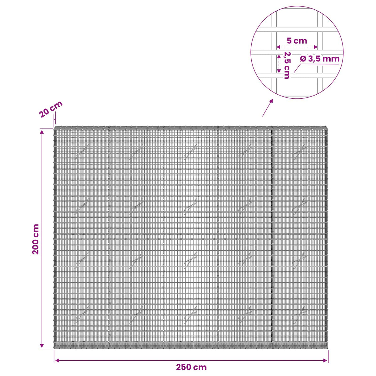 Gabionas su 3,5 mm viela ir 5x2,5 cm tinkleliu 250x20x200 cm