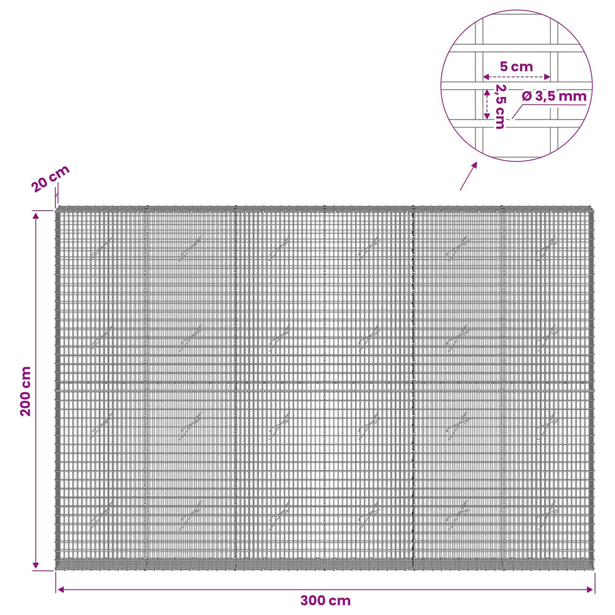 Gabionas su 3,5 mm viela ir 5x2,5 cm tinkleliu 300x20x200 cm