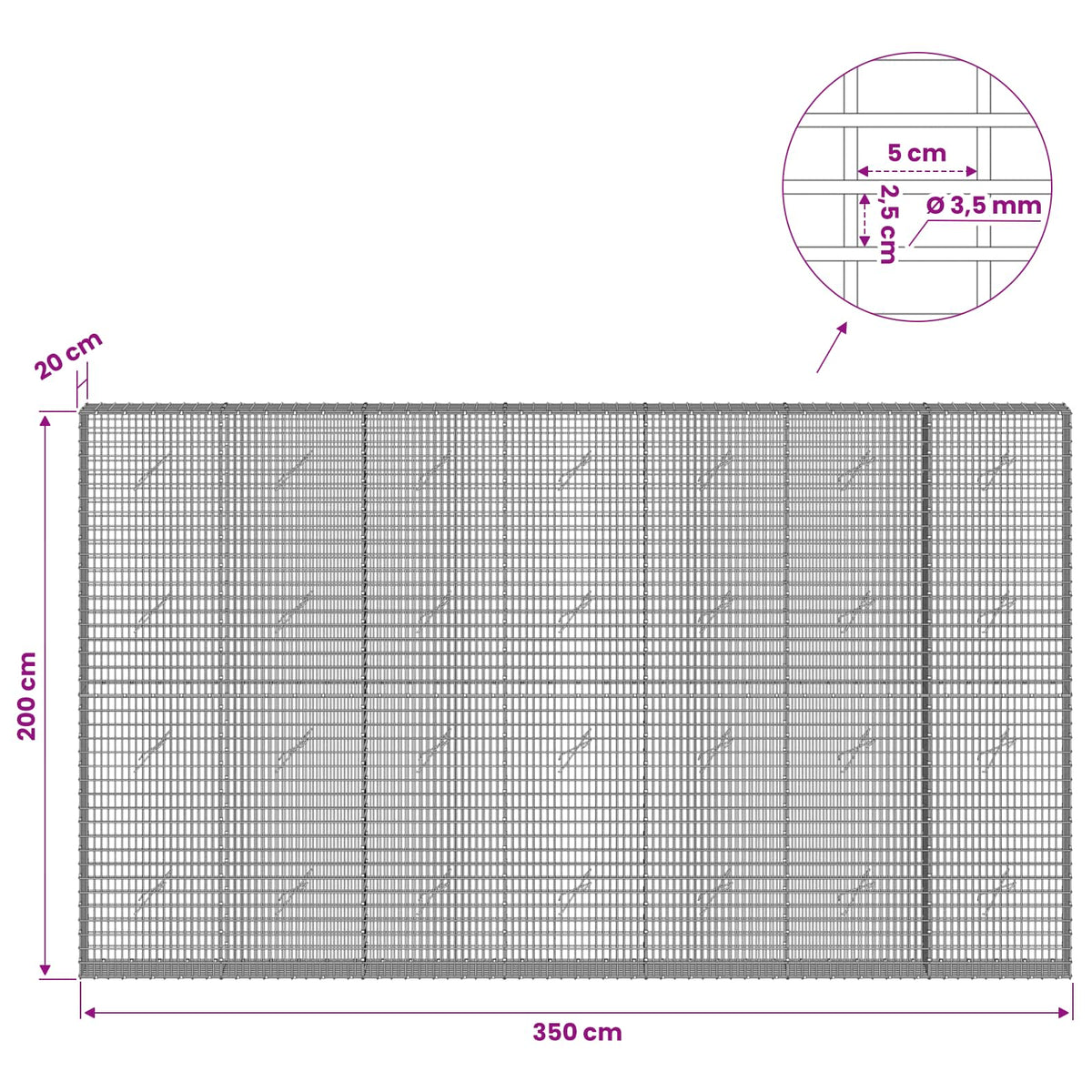 Gabionas su 3,5 mm viela ir 5x2,5 cm tinkleliu 350x20x200 cm