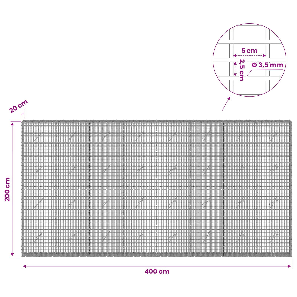 Gabionas su 3,5 mm viela ir 5x2,5 cm tinkleliu 400x20x200 cm